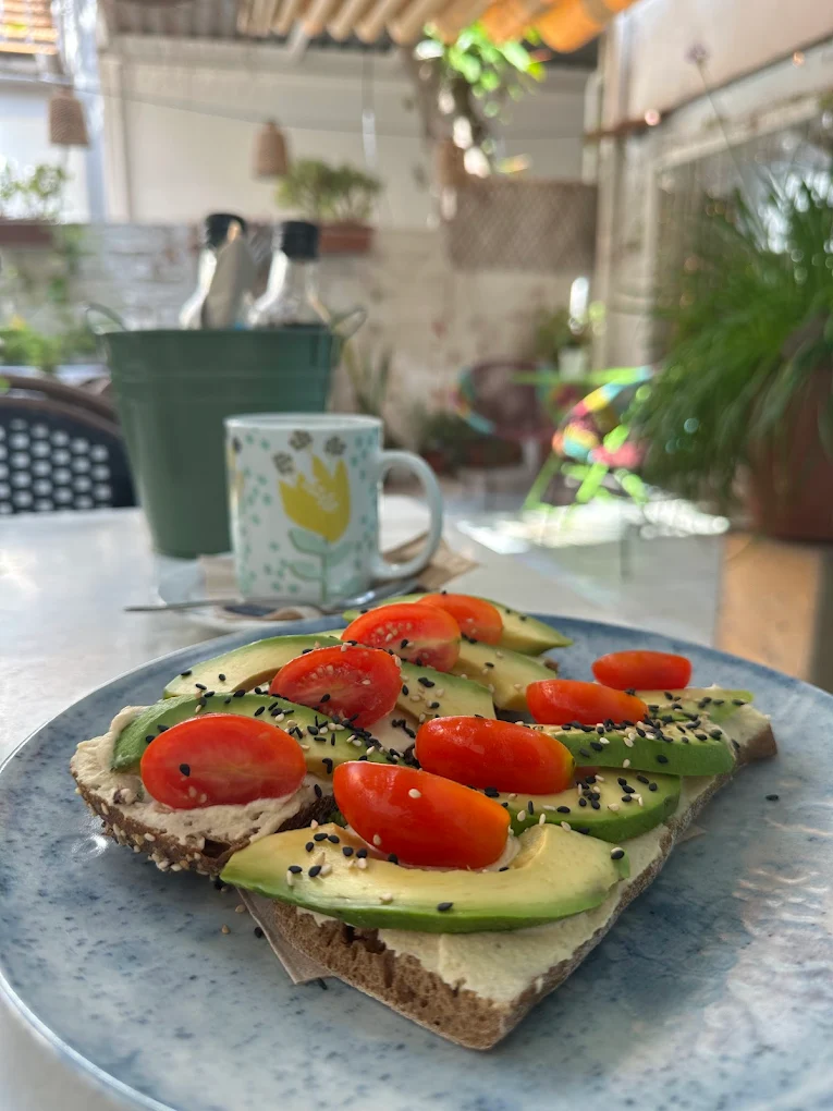 Tostada con aguacate en el jardín de Kohsi